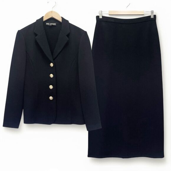 St. John Basics Set Black Santana Wool Knit Skirt Suit Small 6/8 Vintage Classic - Picture 4 of 16